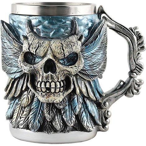 Tasse à bière, motif tête de mort en résine - Insert en acier inoxydable - Réutilisable - 500 ml - Pour studio, restaurant, voyage, anniversaire ou vacances - 19 x 15,5 x 17,5 cm (1/5)