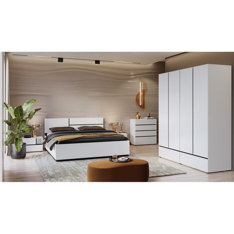 Komplettes Schlafzimmer HAVANA in Weiß und Schwarz – Bett 160x200, 4-türiger Schrank, Nachttische und Kommode