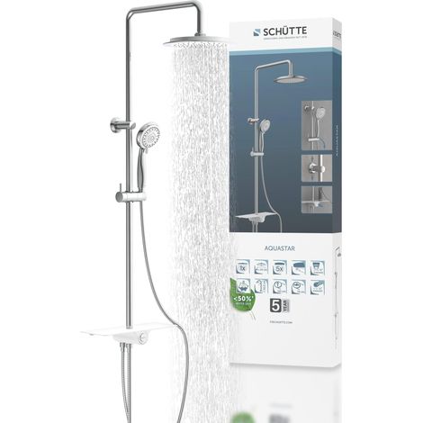 Ensemble de douche à effet pluie avec étagère, système de douche avec douchette réglable en 5 positions, colonne de douche avec pommeau de douche, ensemble de douche en chrome/blanc (1/2)