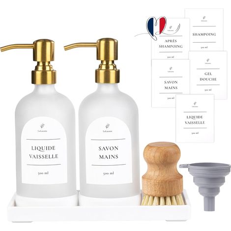 Lot de 2 - Distributeur de savon - Verre dépoli - Pompe inox dorée - Pour cuisine et salle de bain - Blanc - 500ml