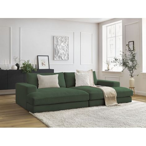 BOBOCHIC - Canapé droit fixe 4 places compact LEONARD assise profonde velours côtelé Vert foncé (1/5)