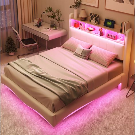 Polsterbett 140x200 mit LED, USB und Stauraum Beige OKMYHOME (1/5)