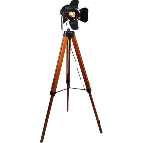 Lampadaire trépied bois projecteur noir E27 style vintage industriel