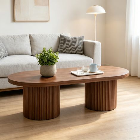 Table basse ovale 100 x 50 x 35 cm - 2 pieds cylindriques rainurés - MDF - finition noyer (1/5)