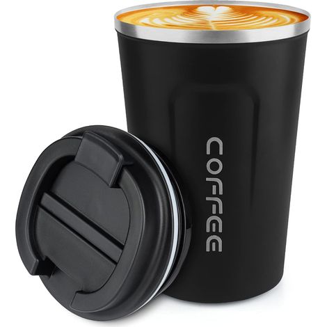 Gobelet isotherme en acier inoxydable de 35 cl - Mug de voyage anti-fuites avec couvercle - Tasse thermos pour garder au chaud ou au froid le café, le thé et la bière (noir) (1/5)