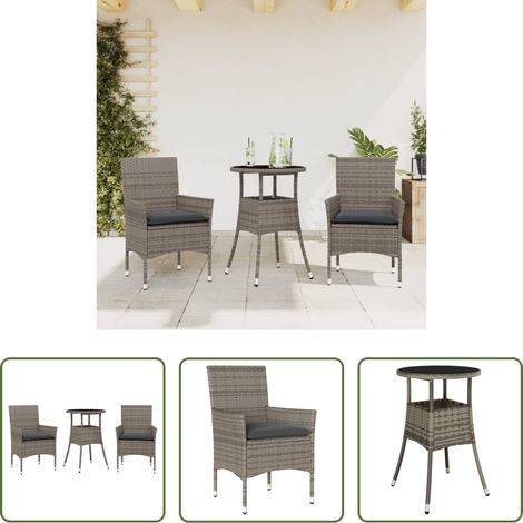 Table de jardin - Ensemble à manger de jardin et coussins 3 pcs gris rotin verre (1/5)