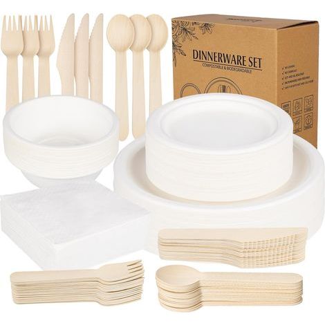 170 weiße, kompostierbare Pappteller, biologisch abbaubares Einweggeschirr-Set aus Zuckerrohr, umweltfreundliche Teller, Schüsseln, Gabeln, Messer, Löffel und Servietten für Picknicks und Partys (1/5)
