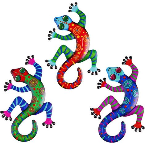 Metall-Gecko-Wanddekoration, 3-teiliges Set farbenfroher Gecko-Skulpturen aus Eisen, Wanddeko aus Metall zum Aufhängen, Wandbehänge für Garten, Zuhause, Wohnzimmer, Schlafzimmer, Terrasse, Balkon