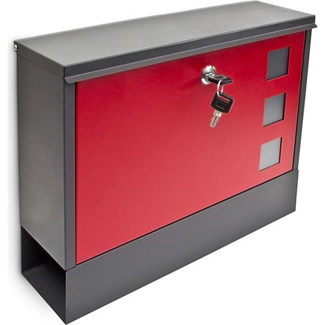 Relaxdays Mailbox with Newspaper Compartment, HWD: 30 x 36 x 10 cm, 2 Keys, Steel, Viewing Window, Modern, Black-Red (1/5)