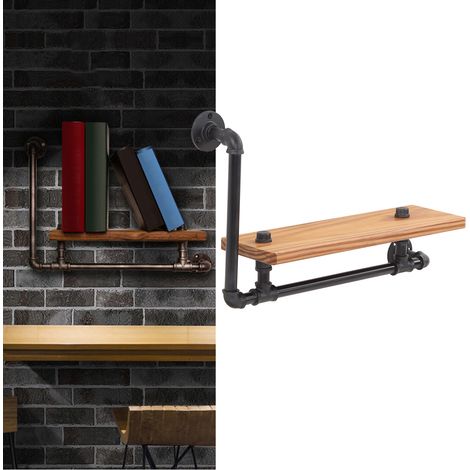 Étagère murale en bois et tuyaux en fer forgé, style rétro, flottante, idéale pour un bar, une cuisine ou un coin de maison. (1/5)