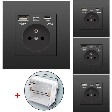 Lot de 4 prises murales avec USB et Type-C, 5 V 2,1 A, norme UE, prise USB encastrée, multiprise avec boîtier de montage, 110-250 V (noir) (1/5)