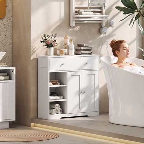 Meuble de Salle de Bain avec 1 Tiroir, 2 Portes, 3 Compartiments Ouverts, Style Scandinave, 80x30x80,2cm, Blanc (1/5)