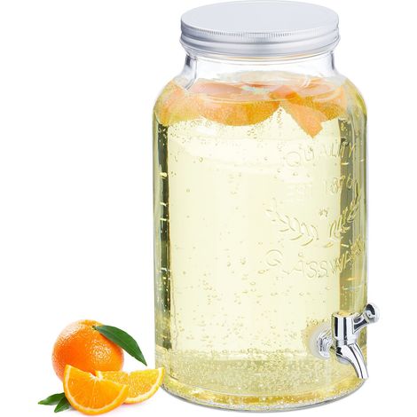 Relaxdays Dispensador de Bebidas, Recipiente para Limonada 5 L, Diseño Vintage, Grifo y Tapa, de Cristal, Transparente