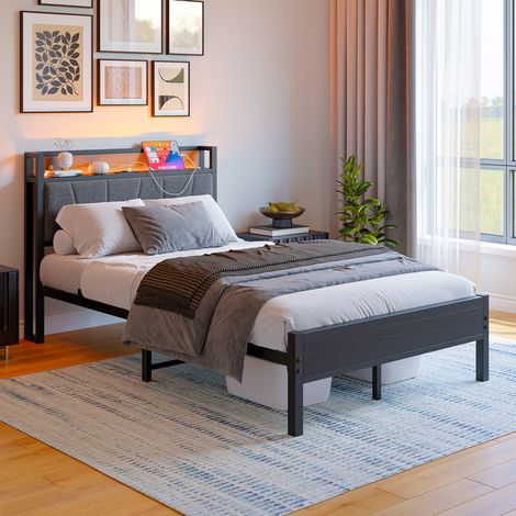 Lit simple 120x200 cm LED, lit enfant, tête avec rangement et station USB/prise, cadre métal et MDF, sans matelas, noir (1/5)