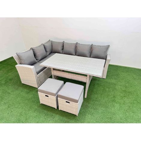 Fimous 8 Seater Rattan Garden Furniture Set Outdoor Patio Dining Corner Sofa Sets with Dining Table 2 Small Footstools Light Grey Mixed (1/4)