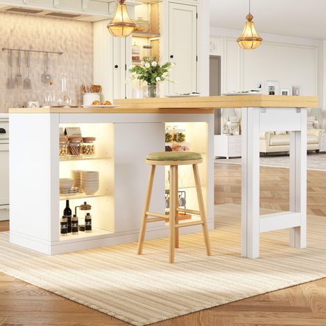 Îlot central extensible pivotant 360° avec rangements, étagères en verre réglables et éclairage LED RGB, table de cuisine multifonction 120 à 197 cm,Blanc