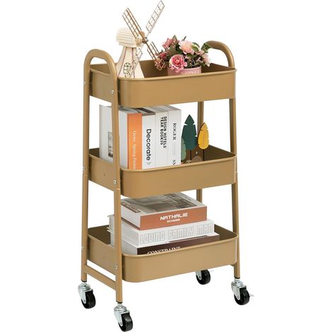 Metall-Servierwagen – 1 Stück – Goldfarbener Stahl – 3 verstellbare Ablagen – Küche, Bad, Büro – 40 x 30 x 70 cm (1/5)