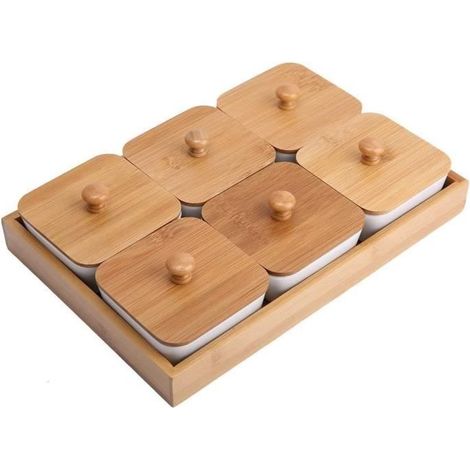 1 Ensemble plateau service, céramique blanche, bambou naturel, compartiments séparés, apéritif