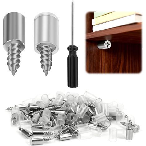 40-Piece Shelf Support Set with 40 Rubber Protectors and 1 Phillips Screwdriver, Screw-in Shelf Supports, Self-Tapping Screw Shelf Brackets, for Bookshelves, Cabinets, Furniture (Silver) (1/5)