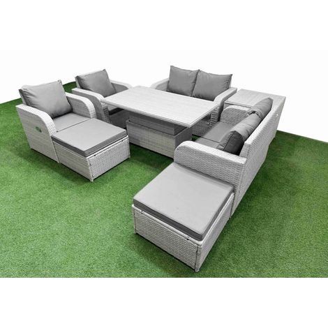 Fimous 8 Seater Outdoor Reclining Chair Love Sofa Set Rattan Garden Furniture Set with Adjustable Lifting Dining or Coffee Table 2 Big FootStools Side Table Light Grey (1/5)