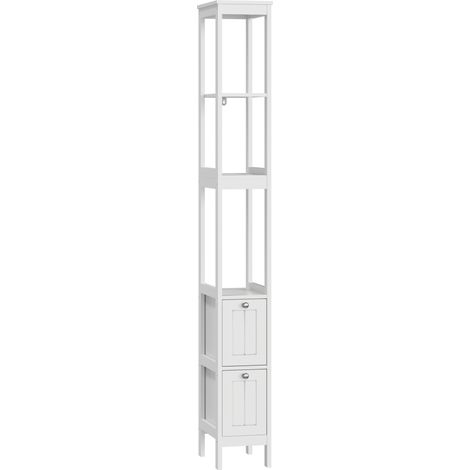 Colonne de salle de bain étroite avec 2 tiroirs et 3 étagères, bois MDF blanc, 20 x 30 x 160 cm (1/5)