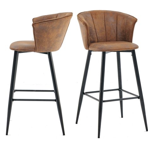 Meubles Cosy – Lot de 2 tabourets de bar vintage avec accoudoirs – Rembourrés en suède marron – Hauteur 72 cm – Style industriel (1/5)