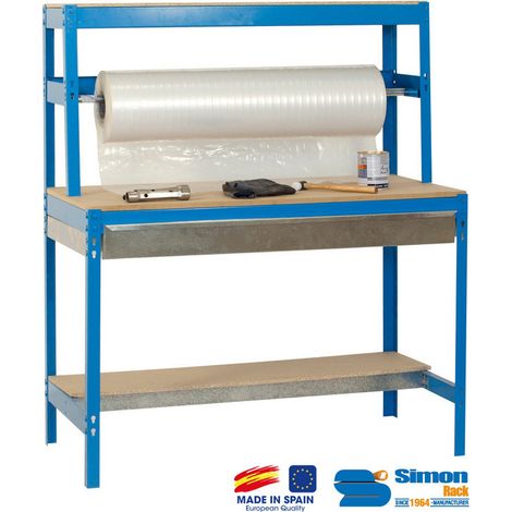 SimonRack Banco da Imballaggio con Cassetto Telescopico e Barra Porta-Rotoli – Portata 600 kg – 1445x1210x760 mm – Tavolo Fai da Te – Blu/Legno – BT-4 (1/3)
