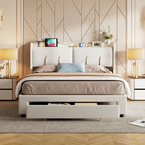 Lit double 160x200 cm avec LED et USB,Lit coffre,Lit capitonné 160x200 avec tête de lit rangement,tiroir,velours,blanc (1/5)