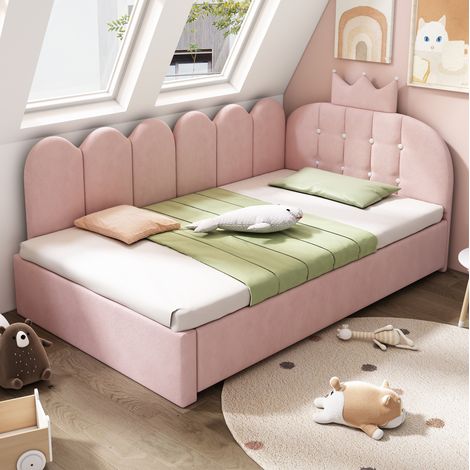Lit enfant banquette 90x200 cm en velours rose avec lit gigogne et dossier couronne, gain de place (1/5)