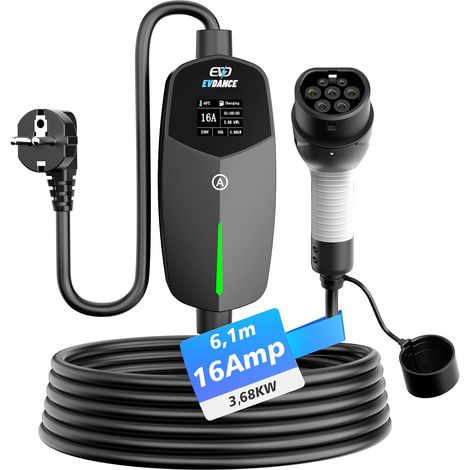 Electric Car Charger (3.68 KW, 6-16A, 6.1 m, 1-Phase), Black (1/5)