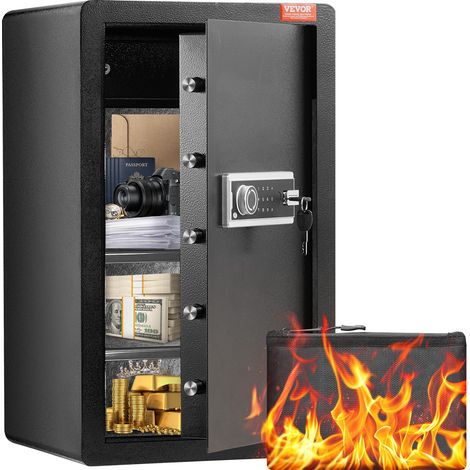 VEVOR Coffre-fort a Porte Simple 113 L, 2 Facons de Deverrouillage par Cle ou Mot de Passe, avec Sac Ignifuge, Porte-Cles, Lumiere LED et 2 Etageres, pour Argent, Documents, Bijoux, Domicile, Noir