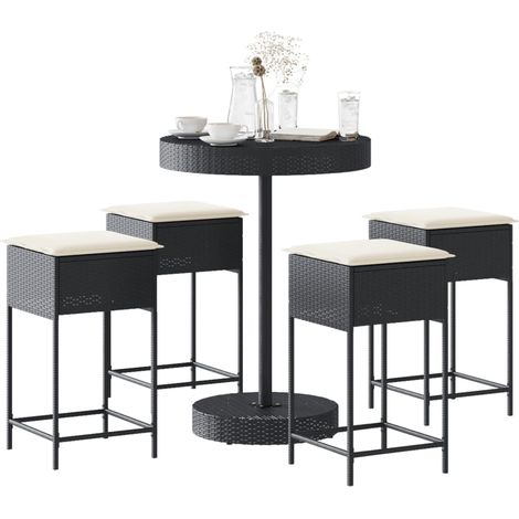 5-tlg. Gartenbar-Set mit Kissen Schwarz Poly Rattan