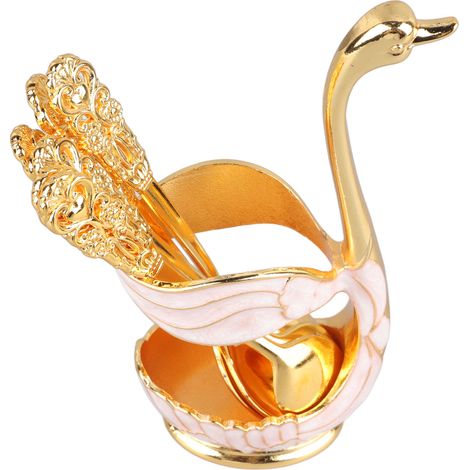 Porte-cuillère à café  Design cygne élégant  Alliage poli miroir  Détails raffinés  Idéal pour les fêtes, les cafés et les bureaux  Porte-cuillère doré/blanc avec cuillère (1/5)