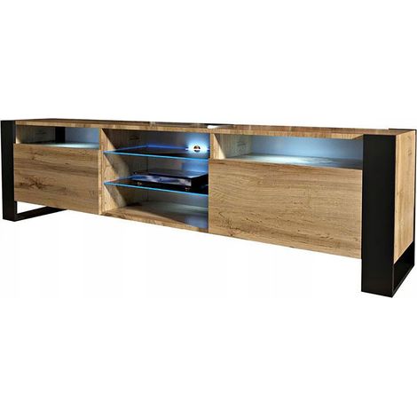 Dusine – Meuble TV 200 cm avec éclairage LED – Chêne mat et porte chêne – Style industriel – Rangement avec niches et étagères vitrées — vue 4