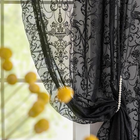 Set aus 2 schwarzen, gerüschten Spitzengardinen, 160 cm lang, transparentes Fenstergardinen mit Retro-Gothic-Blumenmuster (1/5)