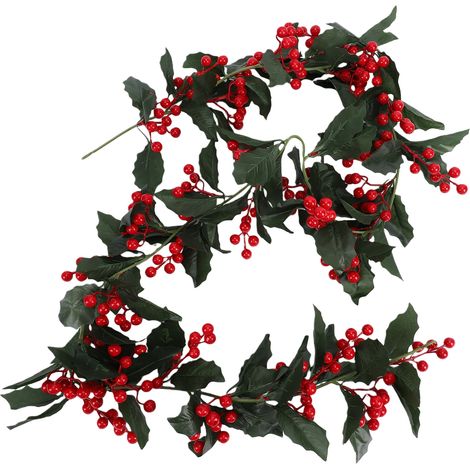 Vigne de Noël Holly Berry réaliste en plastique artificiel pour décoration de vacances feuille verte 175 cm (1/5)