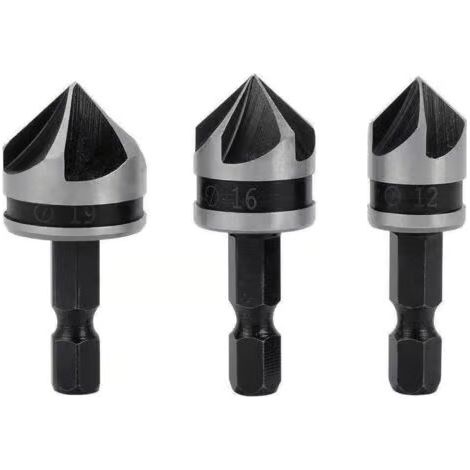 3 fraises à chanfreiner hexagonales HCS 1/4" à 5 dents, forets de 12 mm, 16 mm et 19 mm pour bois et métal. (1/5)