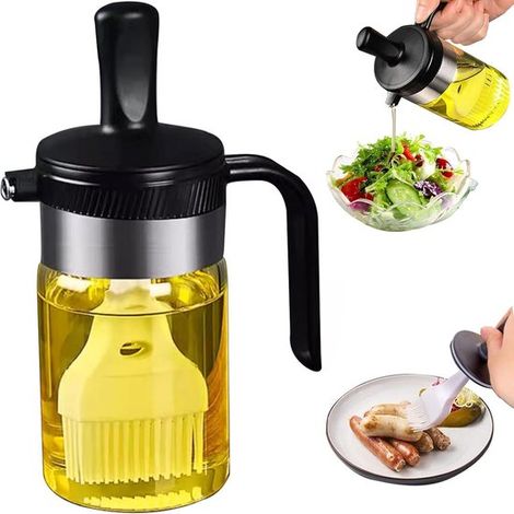 Botella dispensadora de aceite 2 en 1 con cepillo - 200 ml - Cepillo de silicona - Ideal para cocina, barbacoa y ensaladas - Negro (1/5)