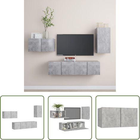 The Living Store Ensemble de meubles TV 4 pcs Gris béton Bois d'ingénierie - Meuble Tv Suspendu - Meuble Tv Gris - Ensemble Meuble Tv - Meuble Tv Mural - Rangement Tv (1/5)