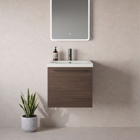 Napoli 390 Brown Oak 500mm Wall Mounted Single Drawer Vanity Unit with Glide Basin - 500mm - Gunmetal Grey 320mm Handle