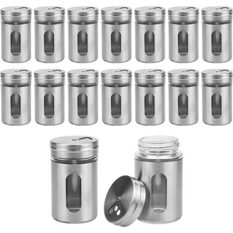 Set mit 16 Gewürzgläsern aus Edelstahl inklusive Salz- und Pfeffermühle, Abbildung des Glases und 3 Streumodi – 90 ml (1/4)