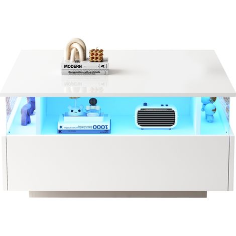 Table basse LED moderne à finition laquée brillante 707041 cm avec 2 tiroirs et zone de présentation transparente – charge jusqu’à 30 kg, idéale pour des salons élégants (1/5)