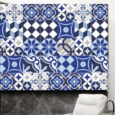 Stickers Cuisine et Salle de Bain 20cm x 20cm - 10 pièces, Adhesif pour Carrelage Mural, Imitation Faience, Imitation Carreaux de Ciment - Applicateur Pose Facile Offert - Nuances de bleu (1/5)