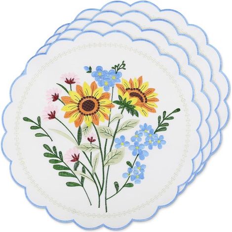 Juego de manteles individuales redondos bordados con motivo de girasol, 4 piezas, lavables, tela floral bohemia, 35 cm, posavasos para comedor (1/5)
