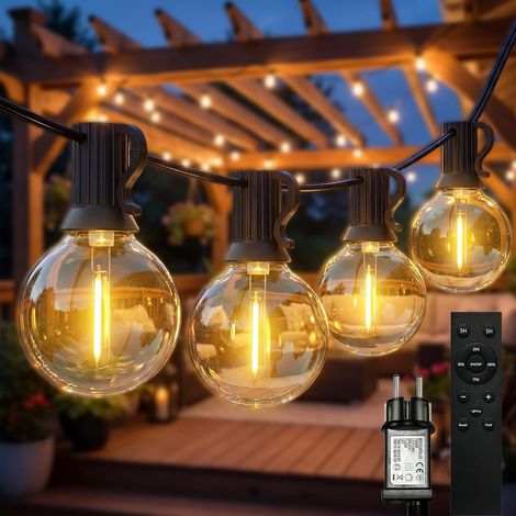 Guirlande lumineuse LED d'extérieur - 10 m - 20 + 2 ampoules G40 - Avec télécommande - Minuterie - 3 modes à intensité variable et étanche IP44 - Rideau lumineux intérieur pour balcon, jardin (1/5)