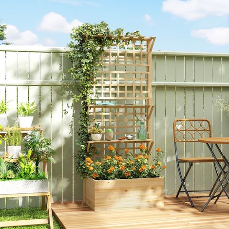 Naturelle 76x43,5x177 cm - Jardinière doté de treillis et toit en bois pour plantes grimpantes avec 2 étagères, drainage et doublage