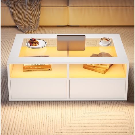 Mesa de centro de vidrio templado blanca 100 cm con LED, 2 cajones y 2 huecos abiertos (1/5)