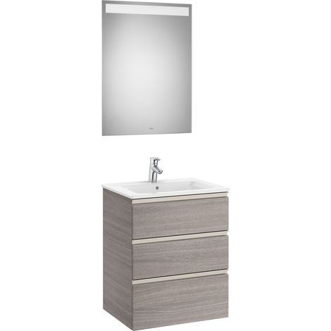 Conjunto de mueble 3 cajones, lavabo y espejo con LED THE GAP - ROCA Color: Roble City texturizado - Medidas: 605 mm (1/3)