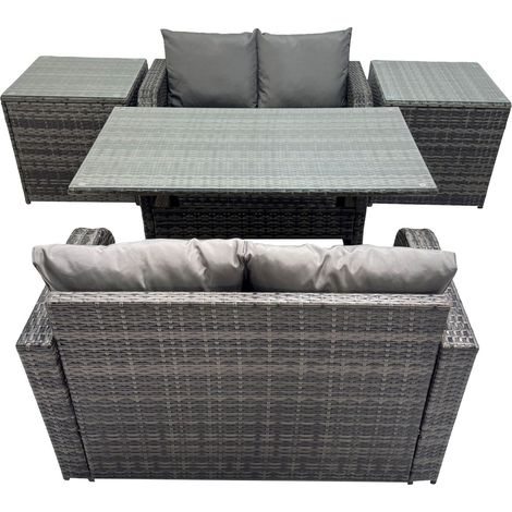 Fimous 4 Seat Outdoor Wicker PE Rattan Garden Furniture Set Dining Table Sofa Sets with 2 Side Tables Dark Grey Mixed (1/5)