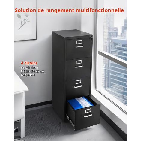 Classeur Vertical à 4 tiroirs avec Serrure, Caisson de Bureau en métal Robuste avec Tringle de Suspension Amovible, Rangement Document pour dossiers Format A4/Lettre/Légal, Montage Facile, Noir (1/5)